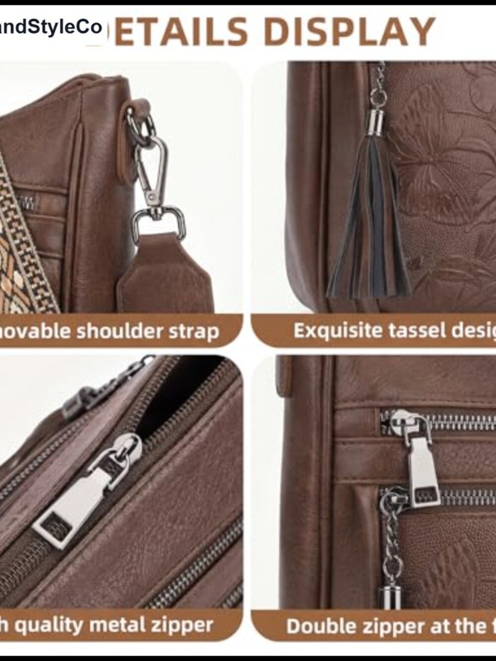 Faux Leather Medium Crossbody Hobo Bag Butterfly Embossed Tassel Wide Strap - Picture 5 of 6